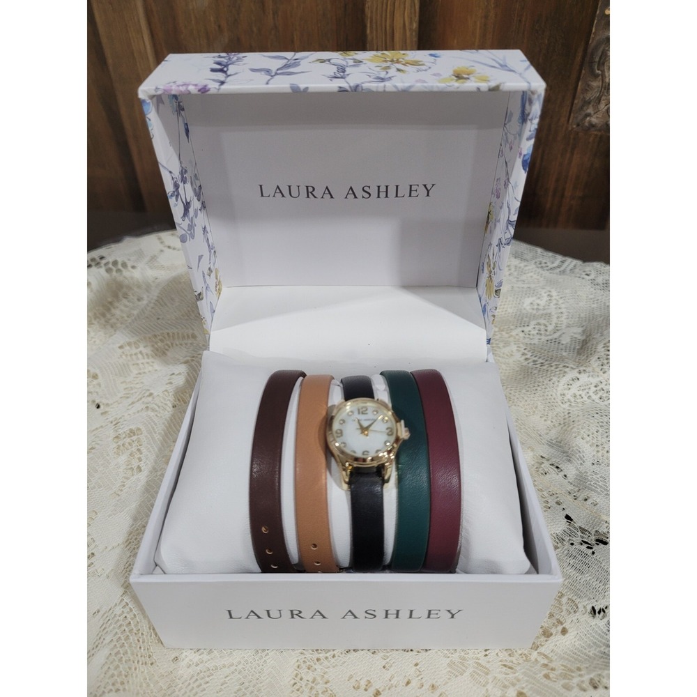 Laura Ashley Womens Mini Case Strap Watch Set with 5 Interchangeable Straps